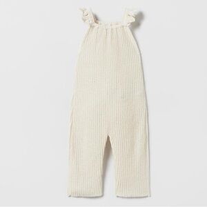 RUFFLED EYELET KNIT OVERALLS